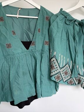 Free People 3 pcs teal set embroidedered